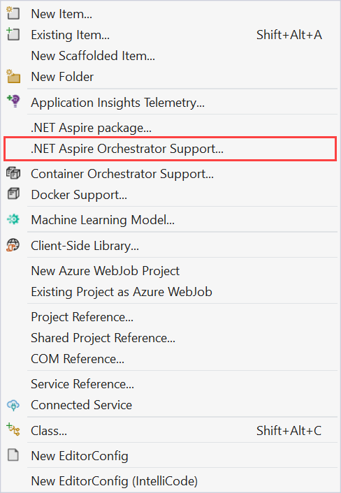 Context menu with '.NET Aspire Orchestrator Support...' highlighted.