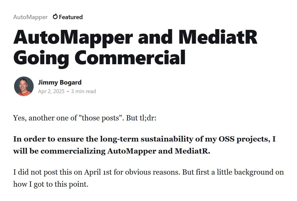 AutoMapper and MediatR Going Commercial.